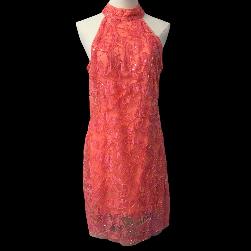 Boston Proper Dress Womens 10 Pink Coral Sequin Mesh Halter Mini Open Back NWOT